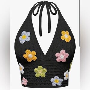 Black Halter Top with Colorful Daisies